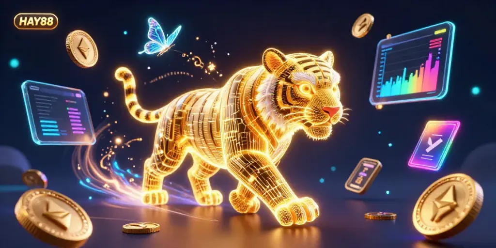 Engage with HAY88 in a vibrant digital casino showcasing a neon-wireframe tiger, cryptocurrency elements, and energy effects.