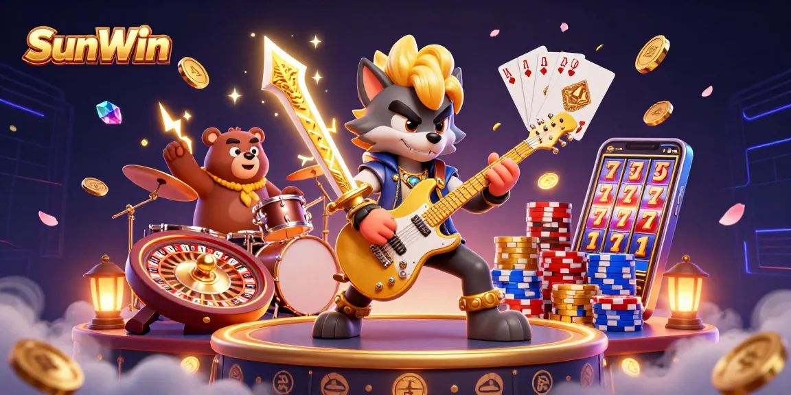 Experience the thrill of SunWin with vivid 3D casino characters showcasing a rock star wolf and drummer bear amidst dynamic game elements.
