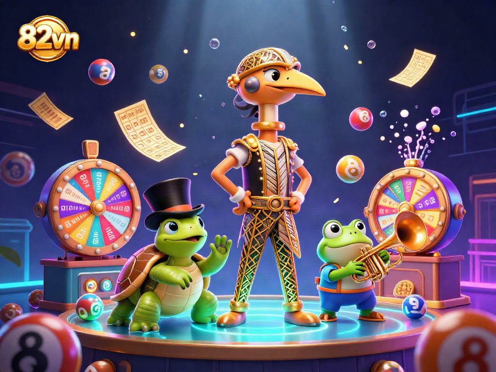Engage with 82vn's thrilling atmosphere featuring colorful lottery balls and charming characters in an exciting casino scene