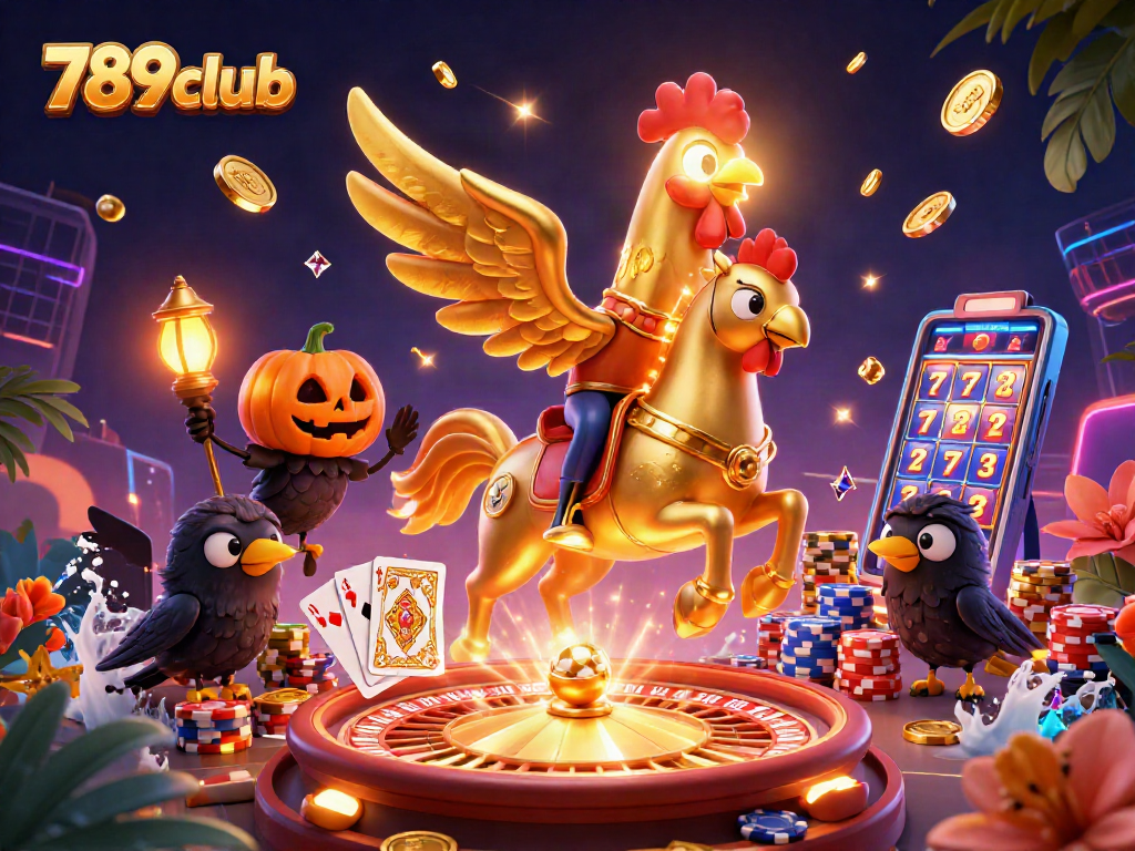 Engage with the thrilling atmosphere of 789club showcasing a golden rooster in a midnight casino.