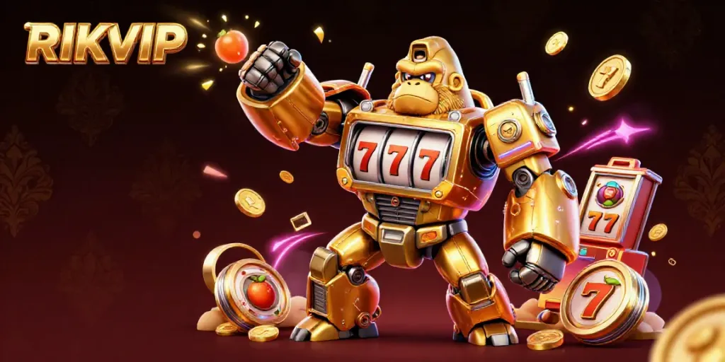 Engage with RIKVIP's thrilling slot adventure featuring a golden gorilla mech surrounded by vibrant game elements.