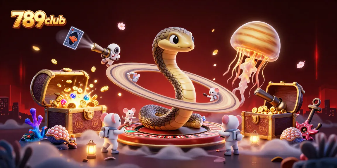 Engage in the thrill of 789club gaming with an adventurous casino scene featuring cartoon characters and mystical elements.