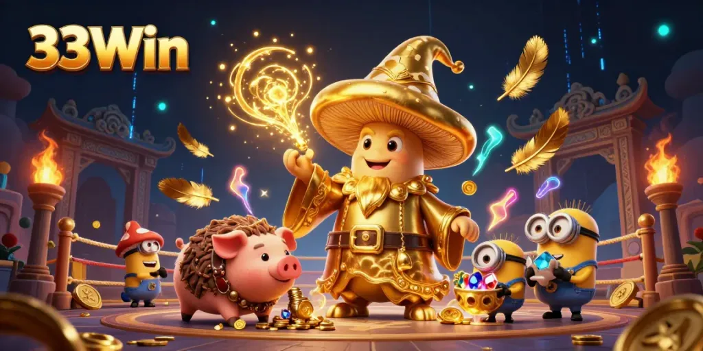Experience the magic of 33Win with a golden wizard, treasure-hunting pig, and gem-carrying minions in a vibrant casino scene.