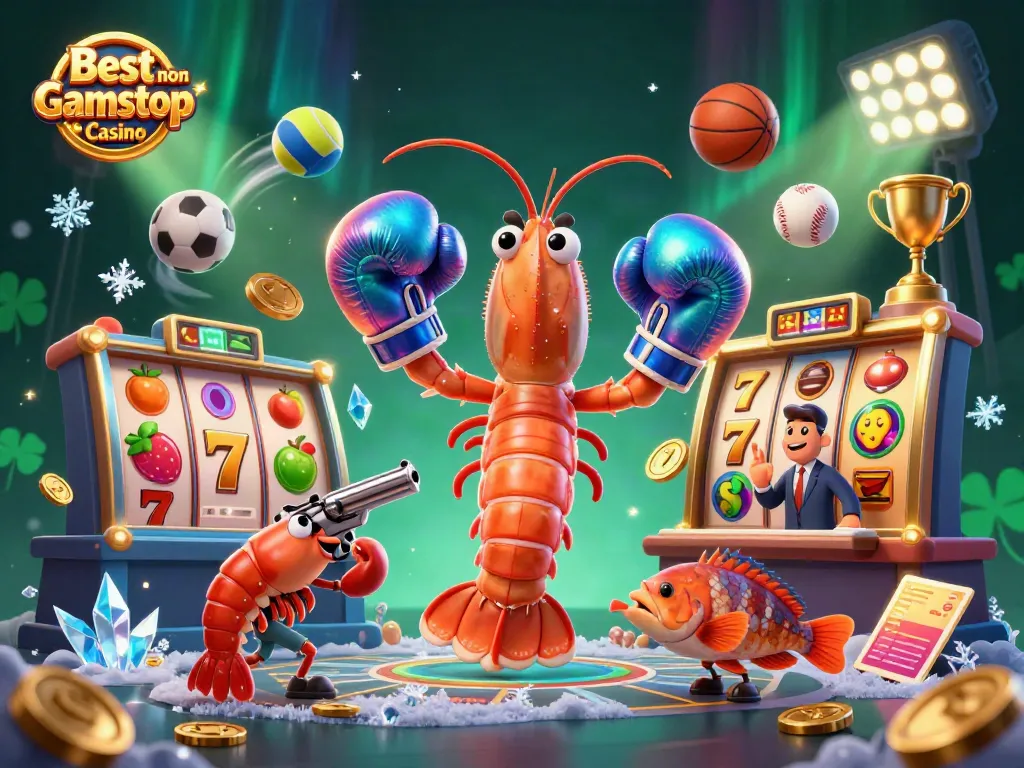 Engage in fun with the Best non Gamstop Casino featuring colorful cartoon gambling characters and vibrant game elements.