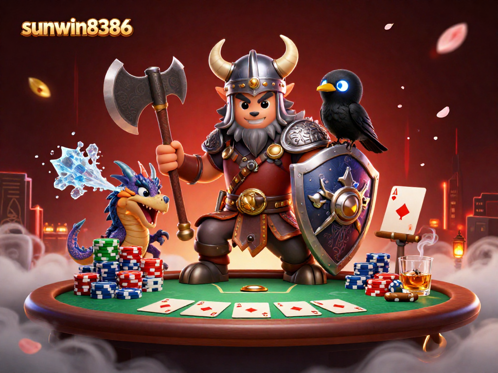 Experience thrilling gameplay at sunwin8386 with Viking warriors and poker elements in a vibrant casino scene.