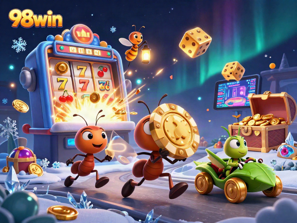 98win ants executing a heist with poker chips, surrounded by dynamic casino elements.