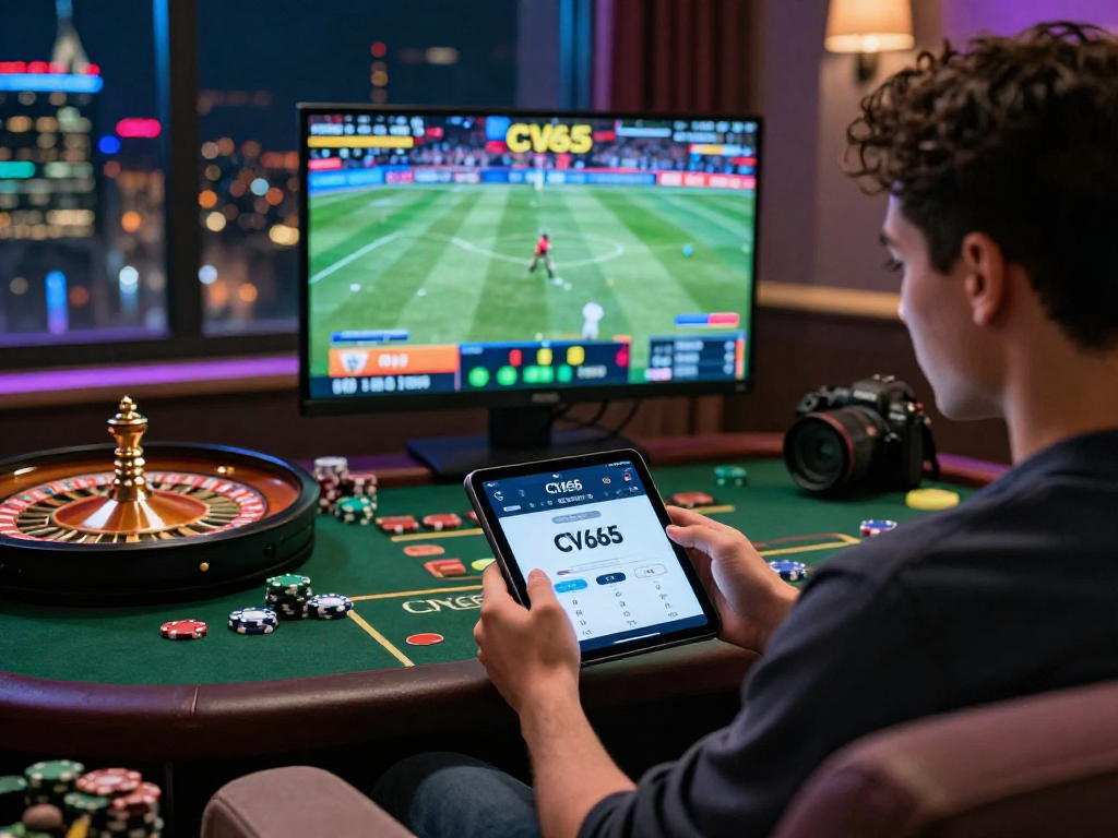 Engaged player using CV666 app for live betting and online casino games in a cozy living room setting.