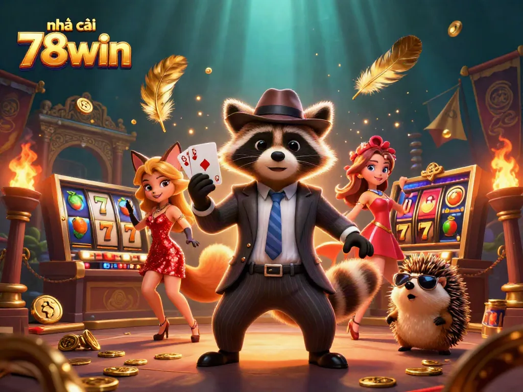 Engage with thrilling gaming adventures at nhà cái 78win featuring a raccoon holding a royal flush and vibrant casino elements.