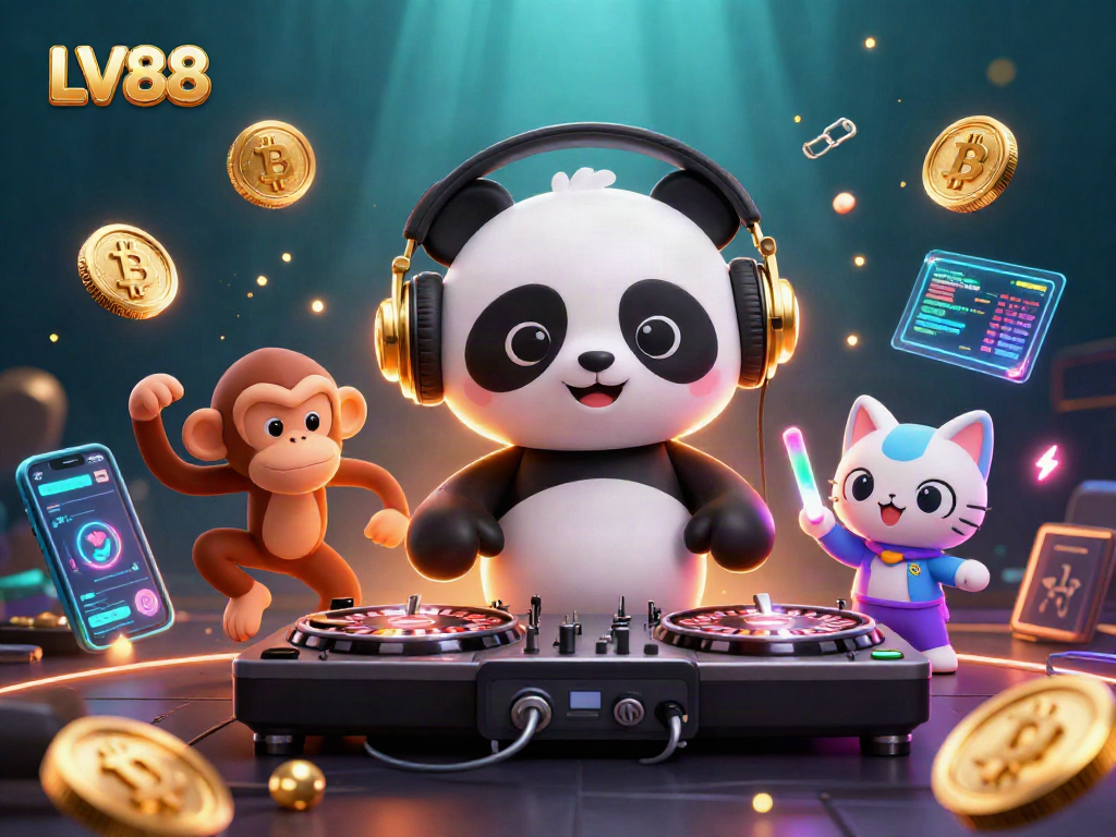 Spin casino games dynamically with LV88, featuring DJ panda and animated characters in vibrant colors.