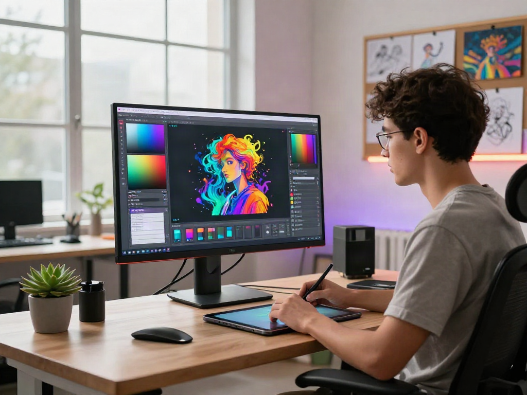 Artist designing nsfw ai art in a vibrant digital studio with creative tools and natural light.