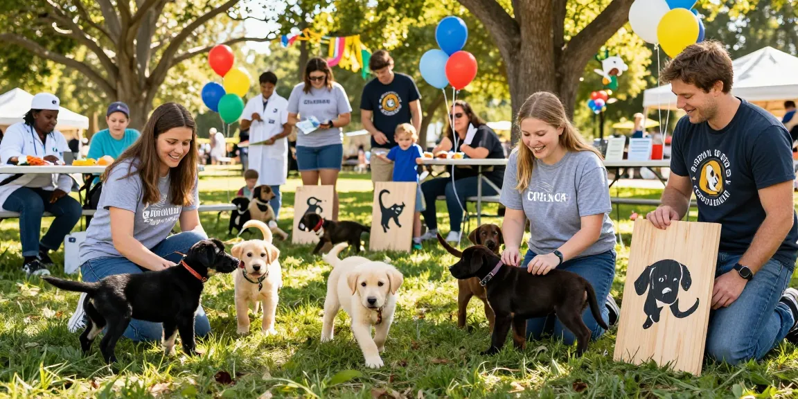 Families engaging with Labrador puppies for sale at an adoption event.