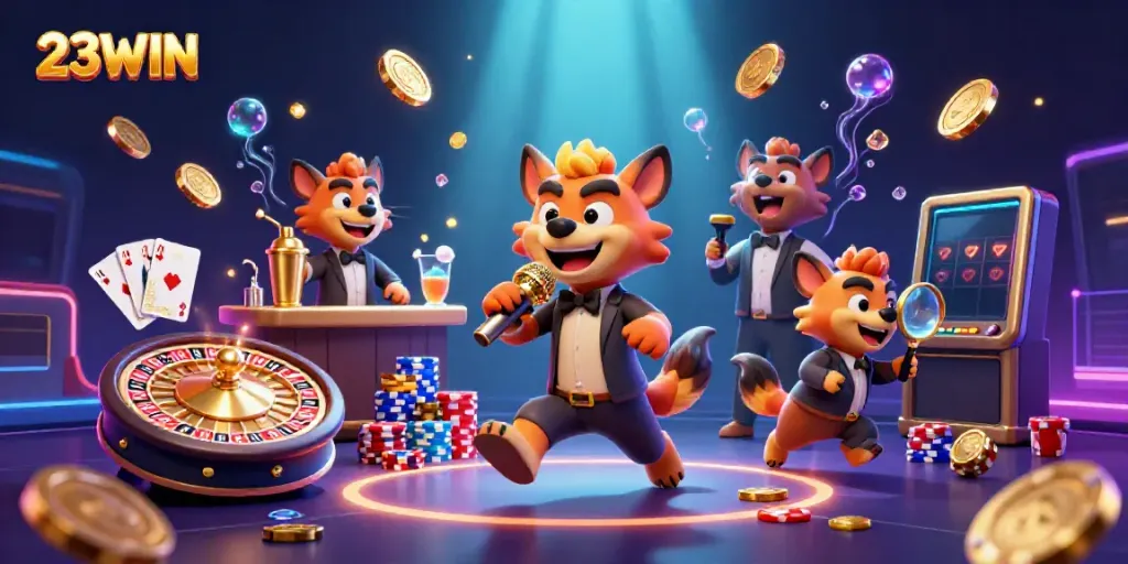 Experience 23WIN with lively hyenas at a casino comedy club, blending fun and gaming.