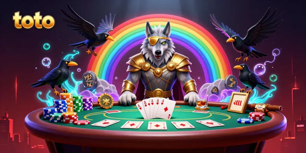 Bet on toto with a dynamic poker scene featuring an Odin wolf and ravens amidst casino chips.