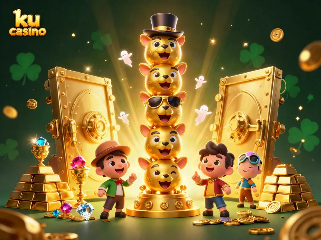Experience the thrill of ku casino with vibrant game elements and golden treasures in this vivid illustration.
