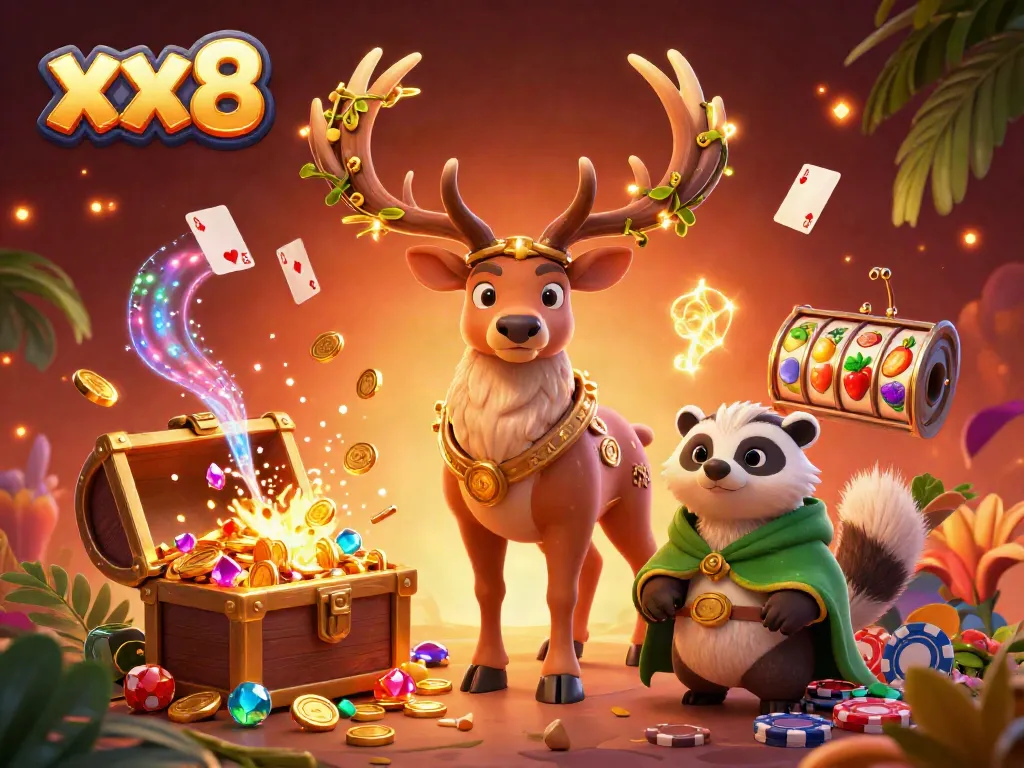 Win big at xx8 slots amid vibrant mystical characters and treasure illustrated in stunning 3D.