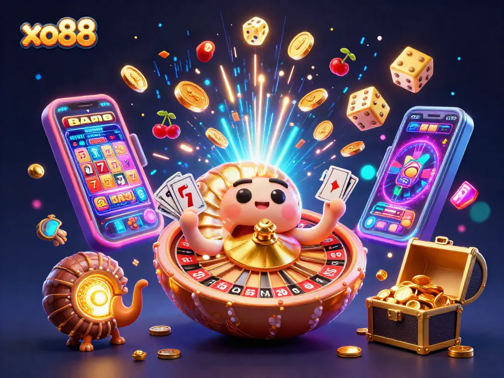 Experience excitement at xo88 with a dynamic 3D casino scene featuring vibrant characters and games.