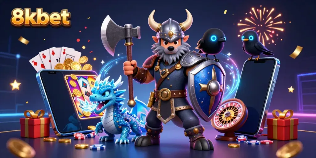 Engage in exciting gaming at 8xbet with a dynamic scene of a Viking wolf warrior, dragon, and casino elements.