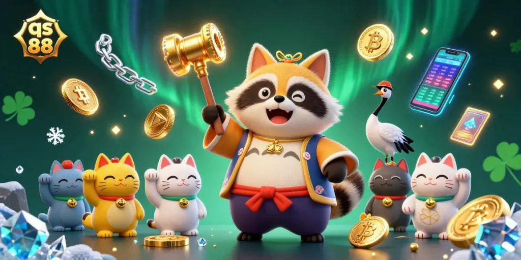 Engage with qs 88: Vibrant 3D illustration of a cheerful tanuki and samurai crane in an exciting casino setting.