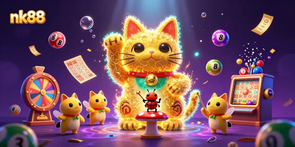 Engage in winning gameplay with nk88, featuring a vibrant lucky cat amidst casino symbols and colorful lottery elements.