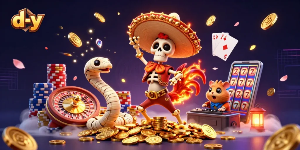 Engage with d-y casino excitement featuring dynamic characters dancing around sparkling slots and gaming elements.