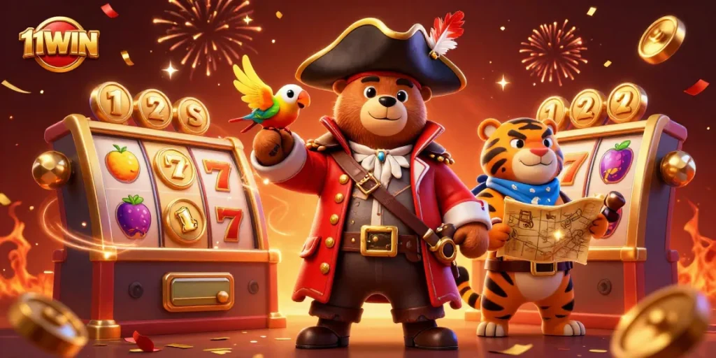 Join the thrilling action of 11WIN with a pirate crew amidst slot machines and festive decorations.