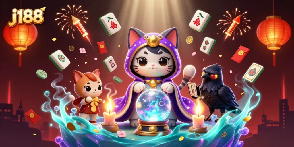 Experience the exciting world of j188 with a mystical cat, raven, and vibrant casino elements.
