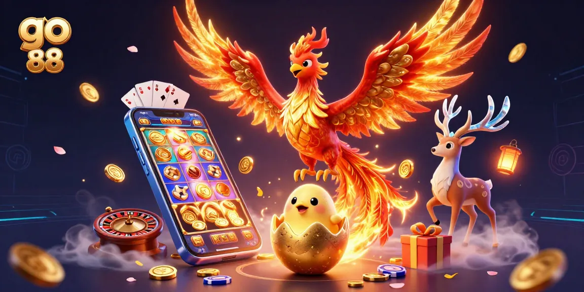 Play exciting games and win with go 88, featuring a dynamic phoenix scene and vibrant casino elements.