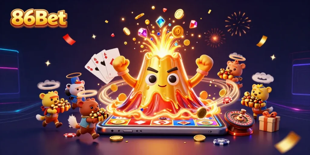 Engage with 86Bet in a vibrant gaming scene full of excitement and treasure