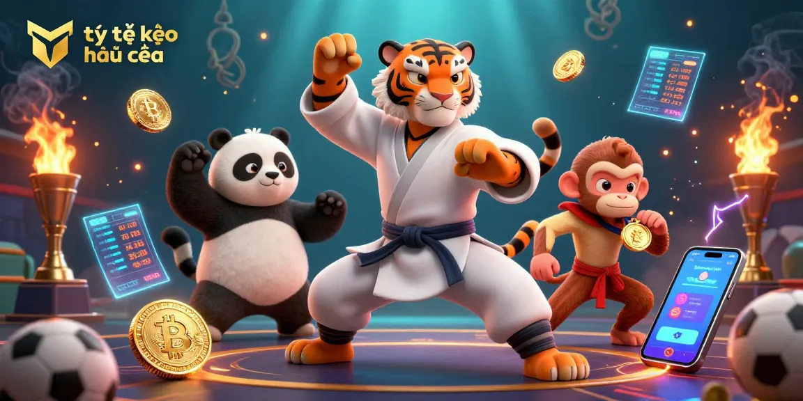 The dynamic scene showcases tỷ lệ kèo nhà cái with a kung fu tiger, panda disciple, and a monkey amidst vibrant sports betting elements.