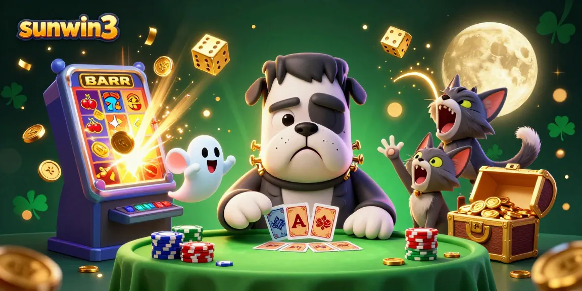 Engage with sunwin3 as the Frankenstein bulldog deals cards amidst a lively casino scene.