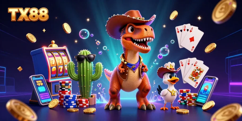 Engage with TX88 as the T-Rex spins slot reels amidst cascading coins and vibrant poker chips.