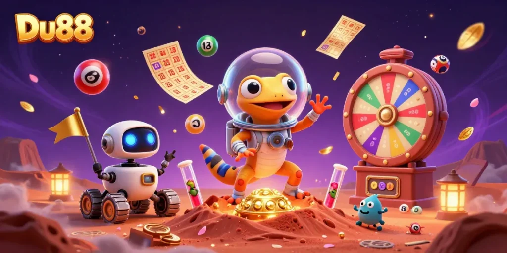 Experience Du88's thrilling casino adventures with a Martian gecko and lively game elements.