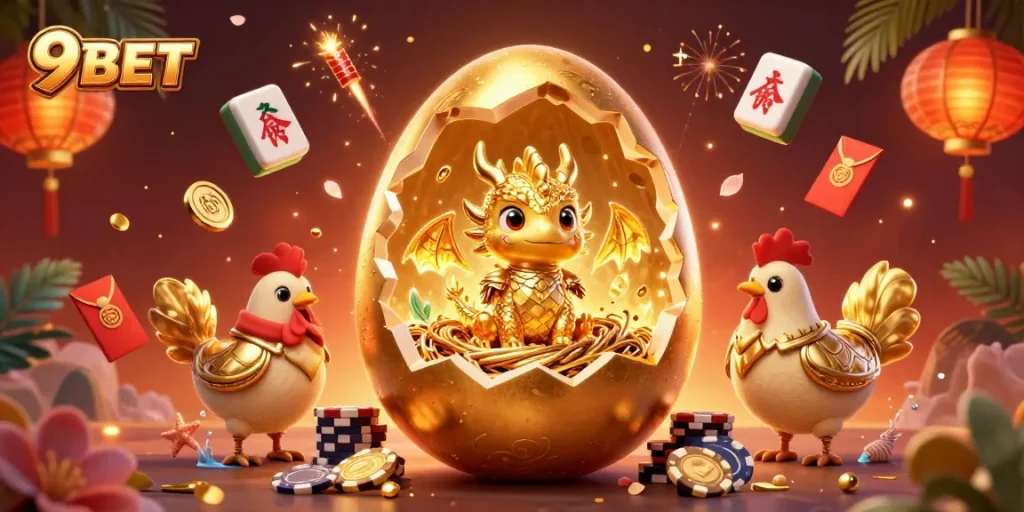 Engage with 9BET's vibrant casino experience featuring a golden dragon on poker chips.