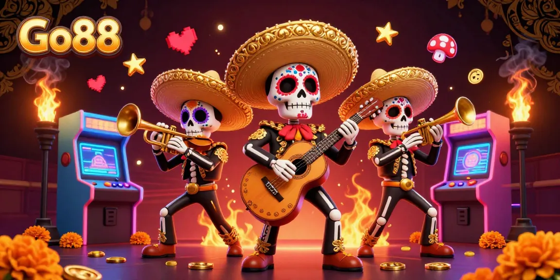 Engage with Go88's vibrant casino atmosphere through 3D Mariachi characters amid arcade elements.