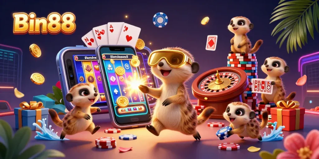 Engage with Bin88's lively casino scene featuring meerkats in a dynamic gaming operation with vibrant slot games and interactive elements.