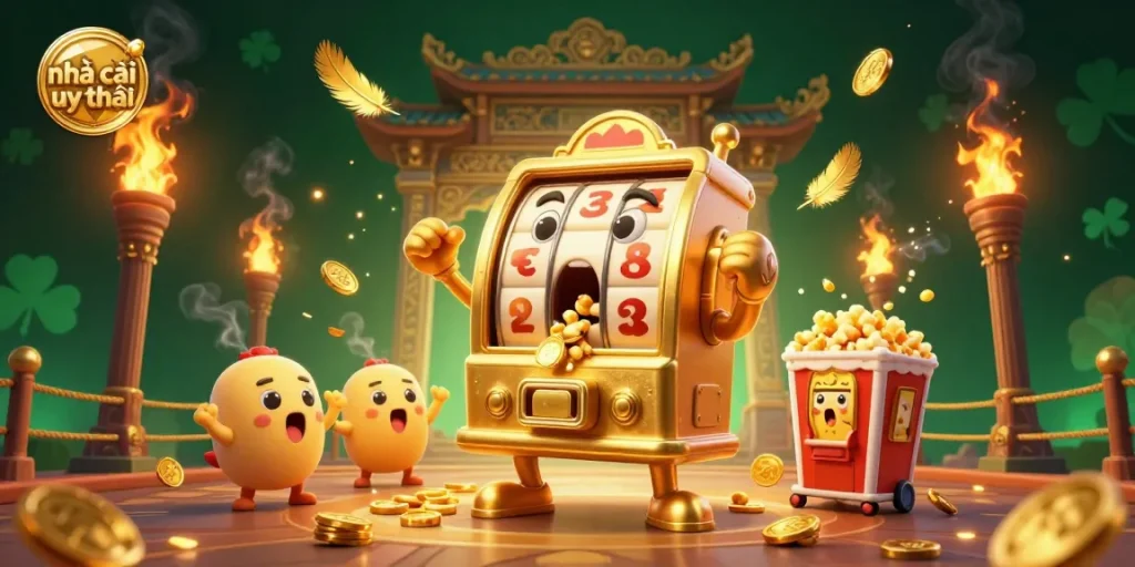 Experience the jackpot flow with nhà cái uy tín, featuring cartoon slot machines celebrating winnings.
