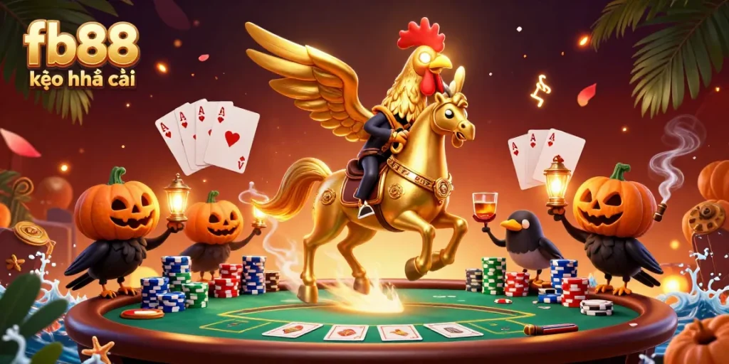 Engage in thrilling bets at fb88 kèo nhà cái with a vibrant casino scene showcasing a golden rooster and poker elements.
