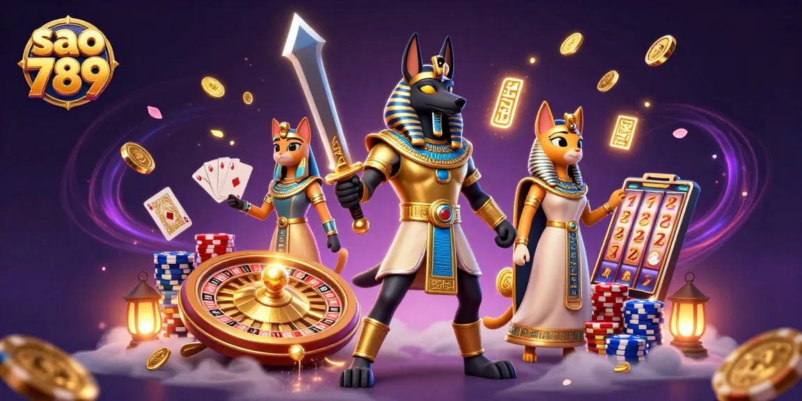 Experience the excitement of sao 789 with Anubis and Bastet amidst vibrant casino elements.