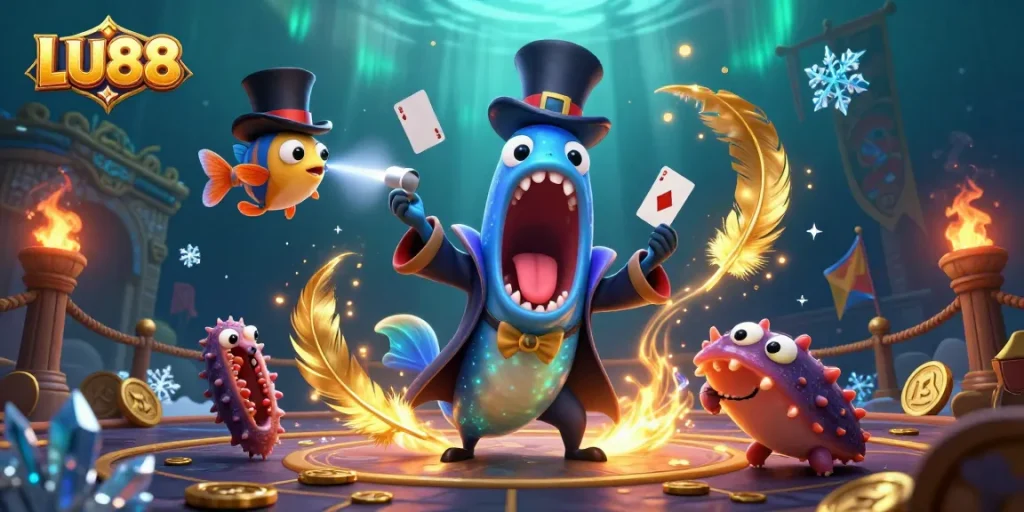 Engage with LU88's magical casino experience featuring a bioluminescent eel performing card tricks.