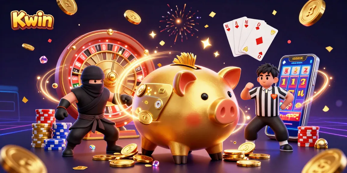 Kwin's dynamic scene features a golden piggy bank sumo wrestler, wallet-ninja, and credit-card samurai referee amid a celebration of cascading coins.