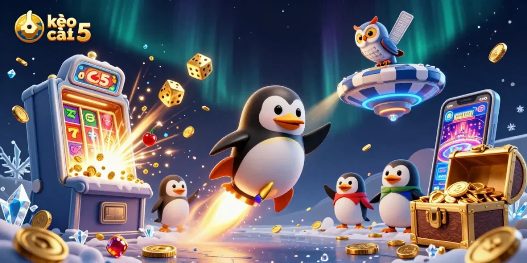 Experience kèo nhà cái 5 dynamics with a golden penguin in a vibrant casino space scene.