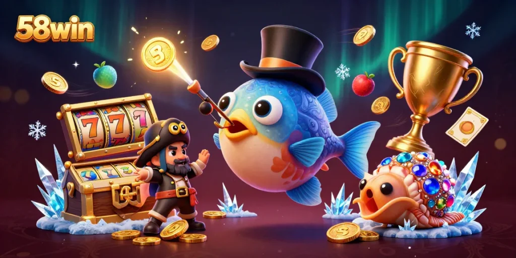 Experience thrilling gaming with 58win's vibrant casino scene featuring animated characters and dynamic elements.
