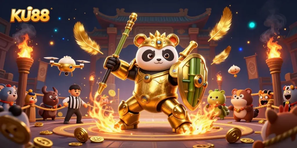 Engage in thrilling gameplay with KU88 as the mech-suit panda battles in an immersive casino arena.