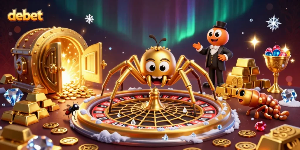 Explore debet's thrilling casino atmosphere with a golden roulette web and nervous fly betting.