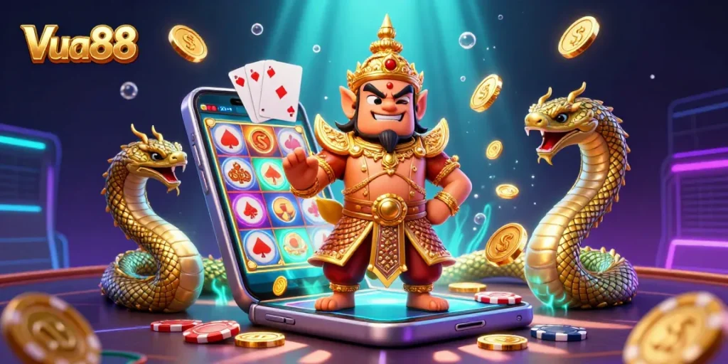Experience vibrant gameplay with Vua88’s casino scene featuring golden coins, cards, and a dazzling environment.