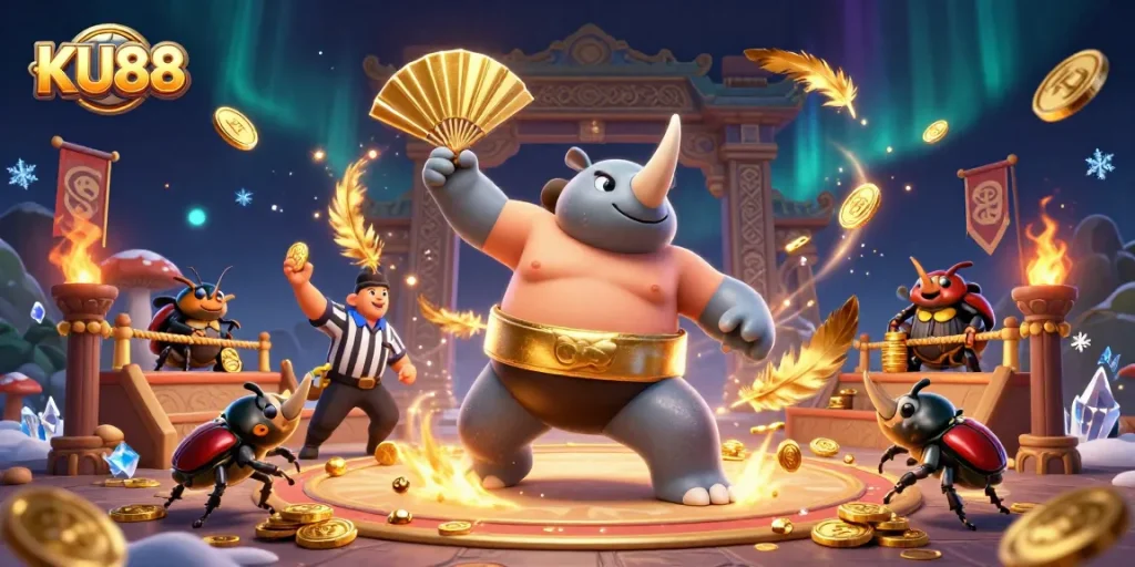 KU88 casino promotional illustration featuring a rhinoceros beetle sumo champion amidst a dynamic betting scene.
