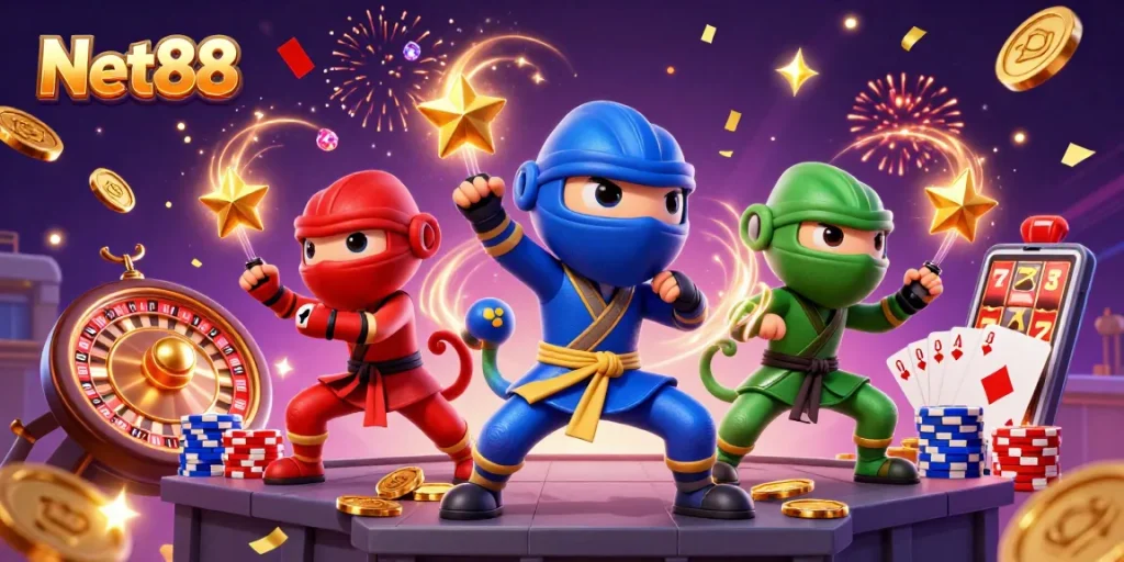 Experience exciting gameplay with Net88, featuring three ninja chameleons in dynamic martial arts poses amidst casino elements.
