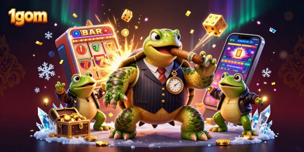 Experience 1gom's thrilling casino atmosphere with a snapping turtle and bullfrog enforcers in a vibrant digital illustration.