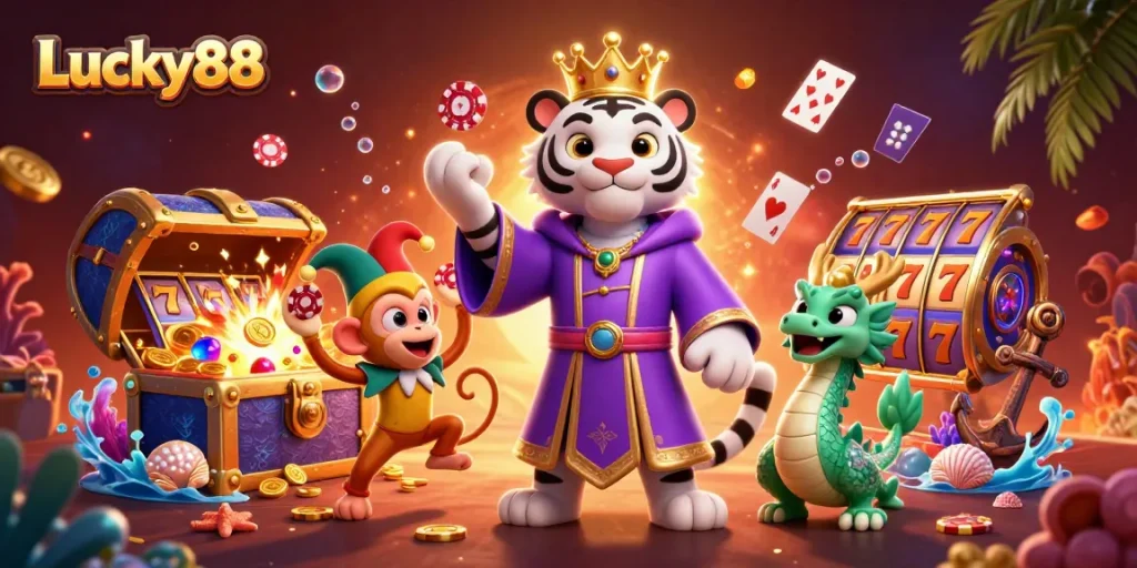 Experience the excitement of Lucky88 with a vibrant scene featuring a royal tiger, jester monkey, and dynamic slot elements.