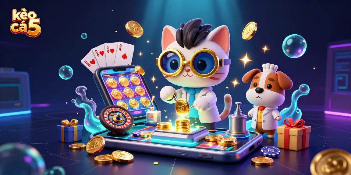 Engage with the kèo nhà cái 5 experience, showcasing vibrant casino elements and characters.